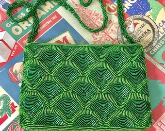 Green Beaded Evening Bag, Made in Hong Kong