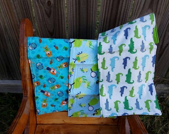 Baby Boy Burp Cloths- Gift Set of Three- Animals, Bugs, and Alligators - Blue and Green- Ready to Ship