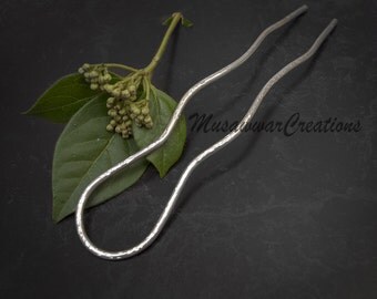 Simple Silver Hair Fork, hammered and textured silver Hair u shape Stick, Silver Hair fork,Silver wavy Hair fork.