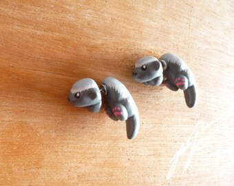 Honey Badger Earrings cute, two part stud, fake gauge, jewelry
