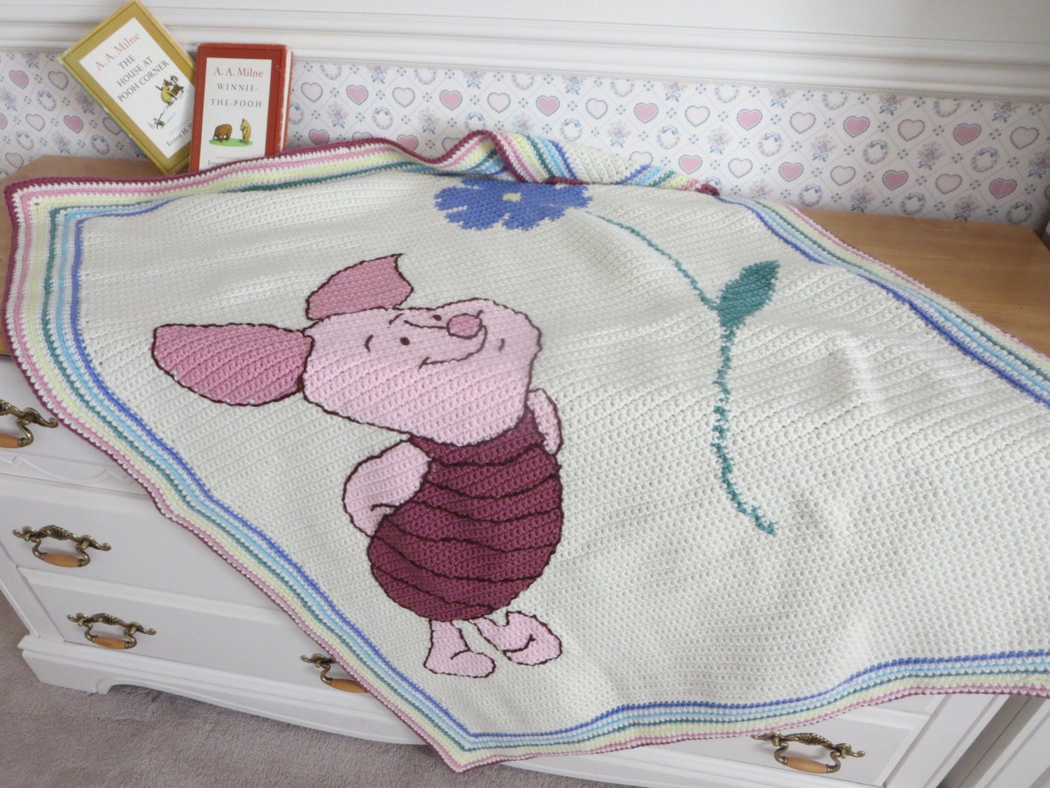 Vintage Winnie the Pooh Baby Blanket White with Silk Trim.