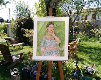 Frida Kahlo in the garden. Original watercolor. Original painting.