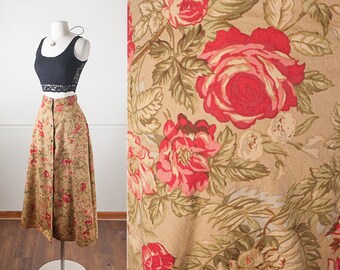 Floral Print 90s Maxi Skirt, Long Skirt, 90s skirt, Soft Grunge Clothing, Khaki Skirt, Rose Print Skirt, Romantic Skirt, Bohemian Skirt