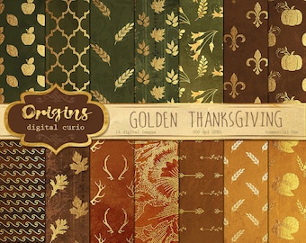 Thanksgiving Digital Paper - Gold Autumn Patterns Digital Paper Pack, Gold foil clipart texture backgrounds, instant download commercial use