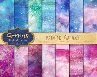 Painted Galaxy Digital Paper, watercolor starry night backgrounds, printable night sky nebula scrapbook paper, paint watercolour textures