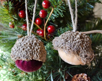 Velvet Acorn Ornaments with Real Acorn Caps, Set of 2, Fall, Thanksgiving, Christmas Ornaments, Rustic Homemade Decoration
