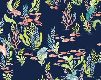 At the Bottom of the Sea mermaid print fabric by blend fabrics from Mermaid days collection, Mermaid fabric, nautical fabric, beach fabric