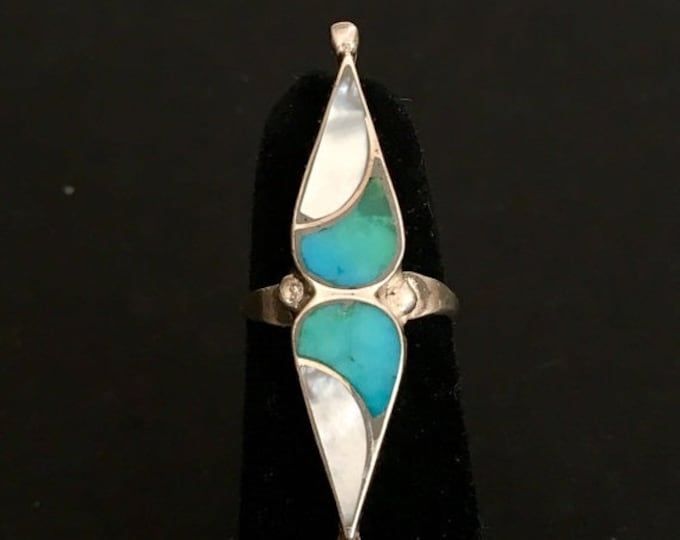 Storewide 25% Off SALE Vintage Sterling Silver Turquoise Inlay Southwestern Style Ring Featuring Mother of Pearl Accented Finish