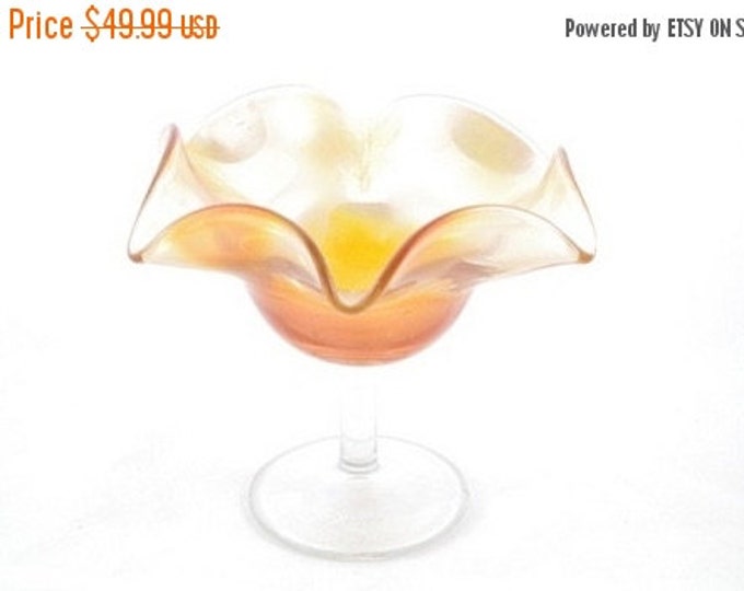 Storewide 25% Off SALE Vintage Marigold Carnival Art Glass Footed Compote Featuring Beautiful Ruffle Boarder Design in Graduated Light Orang