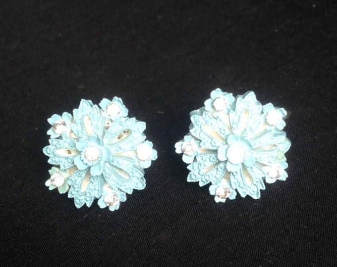 Storewide 25% Off SALE Vintage Designer Powder Blue Floral Rosette Earrings With Rhinestone Accents Featuring Textured Raised Relief