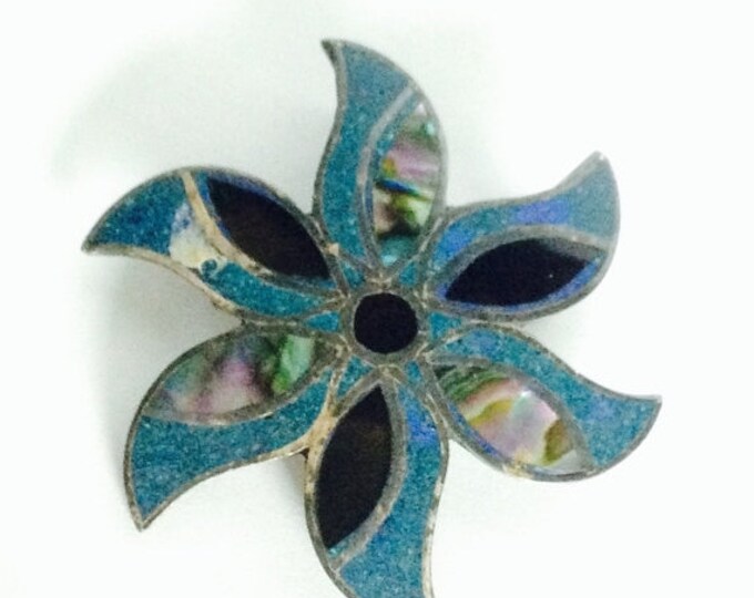 Storewide 25% Off SALE Vintage Abalone Inlaid Sterling Silver Pin Wheel Mexican Designer Brooch Featuring Floral Leaf Inspired Designs