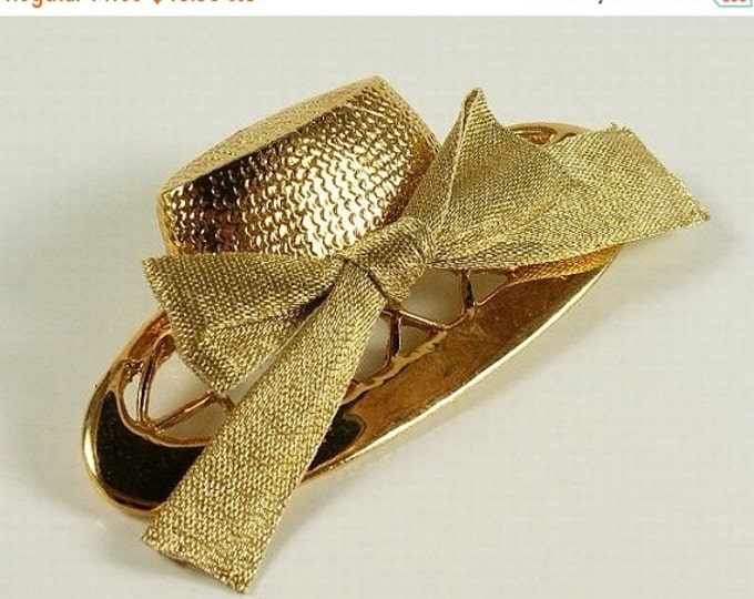 Storewide 25% Off SALE Elegant Vintage goldtone sunhat brooch with unique goldtone ribbon bow perfect for the long winter ahead