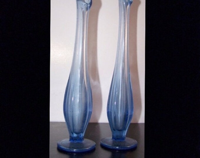 Storewide 25% Off SALE Vintage Slender Art Blown Glass Matching Bud Vase Featuring Beautiful Bubble Base Design And Elongated Stem in Sky Bl