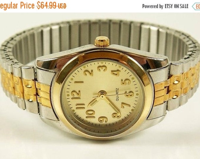 Storewide 25% Off SALE Vintage Gentleman's Gold Tone formal business style timepiece with silver trim accent and classic gold tone bezel