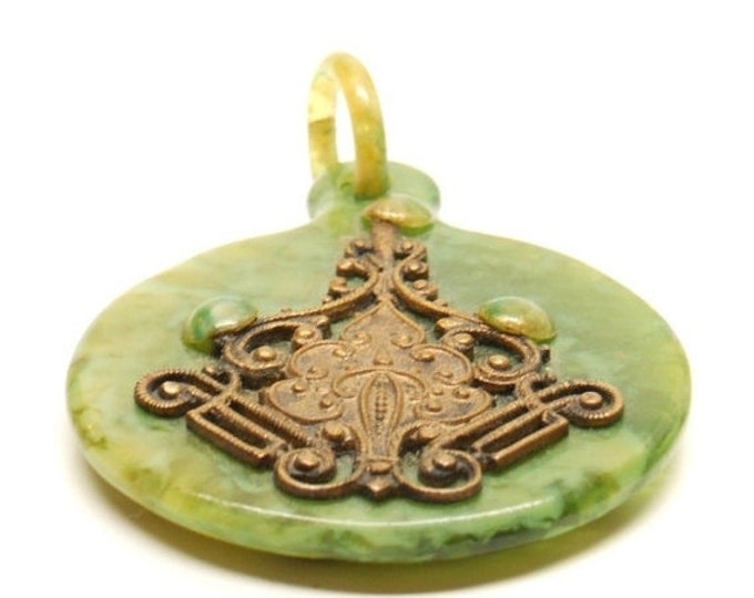 Storewide 25% Off SALE Vintage Marbled Jade Green Acrylic Round Necklace Pendant Featuring Metal Style Asian Design Portrait