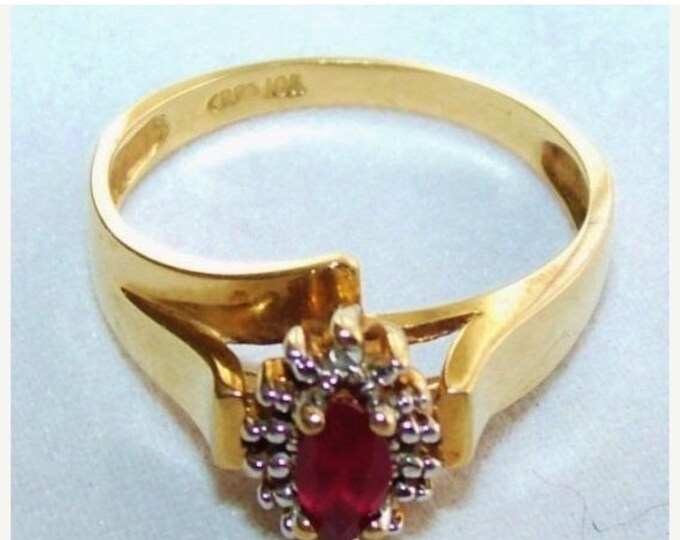 Storewide 25% Off SALE Beautiful Vintage 10k Gold Faceted Red Ruby Designer Ladies Cocktail Ring Featuring Clear Cut Diamond Rosette Style A