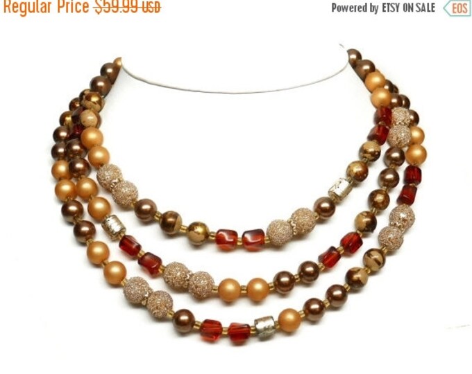 Storewide 25% Off SALE Vintage Triple Stranded Bronze Tone Mixed Beaded Designer Necklace Featuring Beautiful Mid Century Style