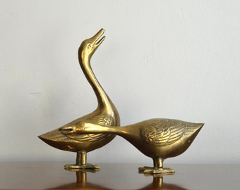 Vintage Pair Brass Swan Duck Figurines Statue Animal Brass Nautical Coastal Preppy Nursery Decor