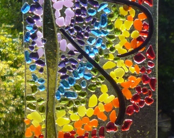 Bright Colourful Rainbow Tree Fused Glass Suncatcher. Multicolour Rainbow Tree Suncatcher. Fused Glass Art. Wall Art.