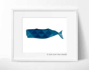 Blue Whale Print: Triangle Geometric, Digital Printable Art for Beach, Nautical Nursery, Kids Room, Bathroom Decor