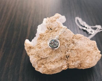 Tiny Druzy Pendant Necklace/ Gold Fill Sterling Silver/ Minimalist Necklace/ Rainbow Gemstone/ Spring Style/ Gift Ideas/ Layering