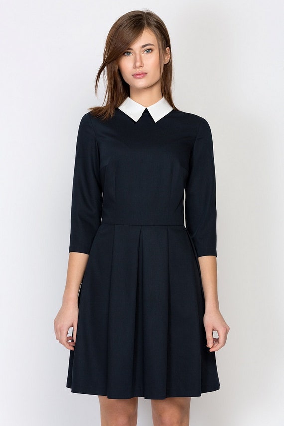 Navy Blue Collar Dress.Mini Pleated Dress Casual.Urban Casual