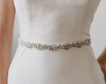 Pearl Bridal Sash | Pearl Bridal Belt | Pearl Rhinestone Bridesmaid Belt Sash | Beaded Pearl Bridal Sash Belt | Silver Adelaide Sash