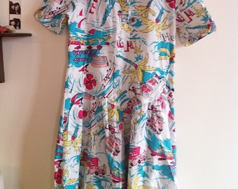 deadstock cotton dress, short sleeves, fun and colorful print / small - medium