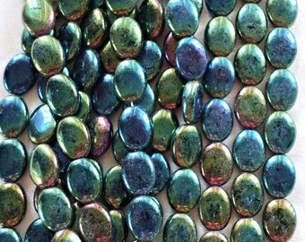25 Green Iris flat oval Czech Glass beads, 12mm x 9mm pressed glass beads C6325