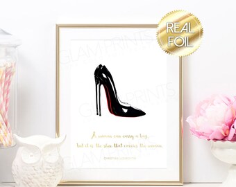 Christian Louboutin Heels Pumps Stiletto Quote Gold Foil Print Art Sign Picture Vanity Girly Elegant Designer Boudoir Vanity Decor Makeup