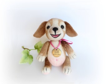 Needle Felted Puppy, Felted Dog, OOAK Art Dolls, Teddy Dog, Wool Felt Animals, Felt Toy, Funny Puppy. Never Give Up, Gift for Friend