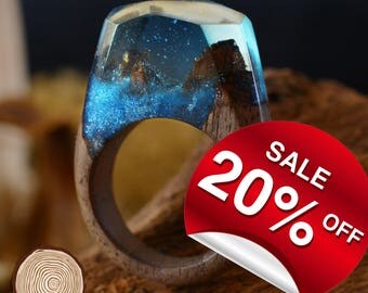 Galaxia ( Handmade Wooden Resin Ring. Wood Resin Ring. Wood jewelry. with Magnificent Tiny Fantasy Landscape )