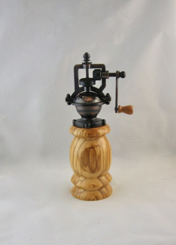 Pepper Grinder antique style with crank handle hand turned