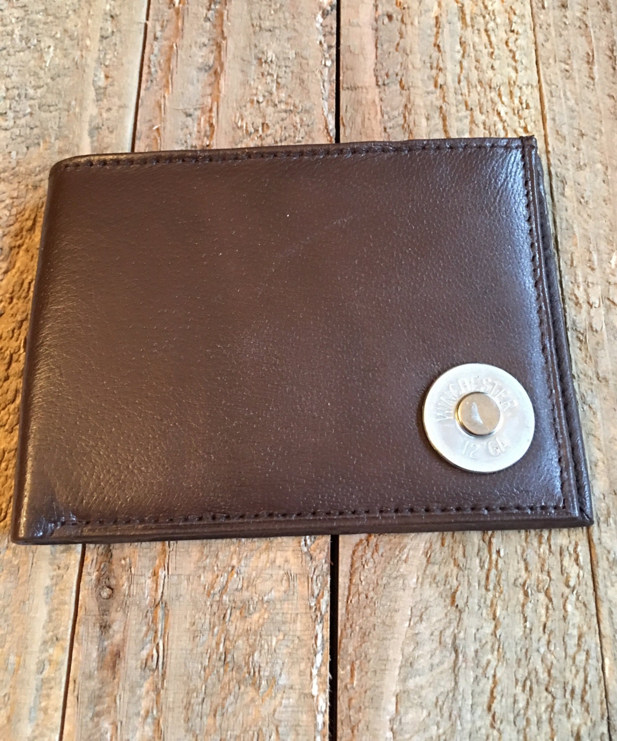 Mens brown leather bifold wallet nickel remington 12 gauge