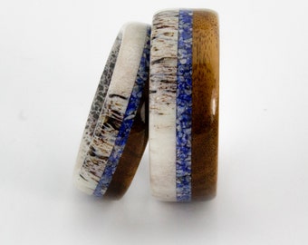 Deer Antler Wedding Ring Set With Lapis Lazuli and Mahogany wood Inlay/ Handmade Rings/Deer Rings