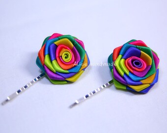Set of 2pcs Double Faced Satin Ribbon Roses Rainbow Bobby Pins. Handmade Bobby Pins. Ready to Ship
