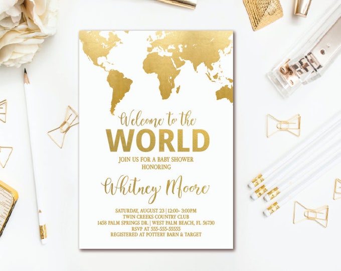 World Map Baby Shower Invitation - Welcome to the World - Adventure Awaits Shower Printable Invite