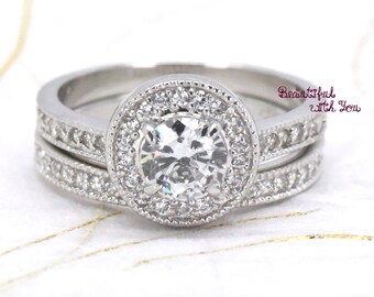 wedding rings set bridal jewelry band sets two sterling silver halo wedding ring and half eternity - Halo Wedding Ring wedding rings set bridal jewelry band sets two sterling silver halo wedding ring and half eternity - Halo Wedding Ring