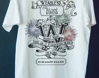 Wealeys' Wizard Wheezes, Harry Potter apperal, Harry Potter Shirt, Diagon Alley, Unisex/men, Women's styles available, Sizes (US) Small-3XL