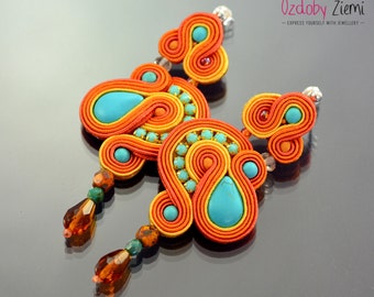Long Turquoise Orange Dangle Earrings, Long Dangle Soutache Earrings, Turquoise Earrings, Dangling Embroidered Earrings, Soutache Earrings