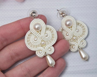 Wedding Earrings Bridal Earrings Pearl Earrings Cream Drop Earrings For Bride Champagne Soutache Earrings