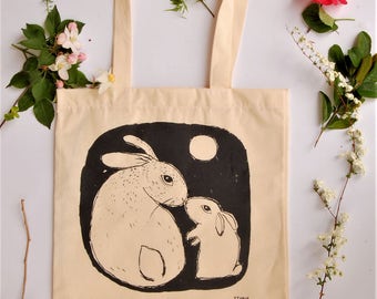 bunny shopping bag/rabbit bag/bunny tote/bunny bag/bunny handmade/rabbits/bunnies/rabbit shopping bag/two bunnies/bunny lover/rabbit lover