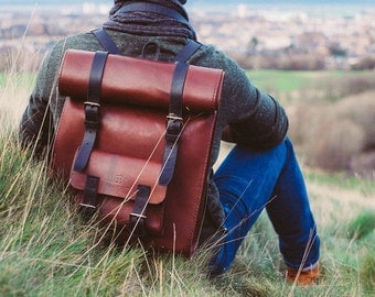 Roll top Backpack, Leather Camera Bag, Large Rucksack, Men's Travel Bag, Roll Up Bag, Men's Leather Laptop Bag, Full Grain Leather, Gift