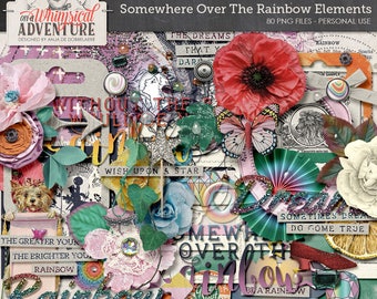Rainbow digital scrapbooking elements, digital download, wizard of oz, embellishments, vintage ephemera, flowers, frames, fairytale, dreams