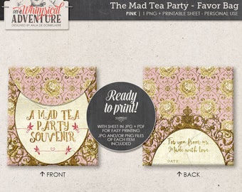 Gold and Pink Mad Tea Party Decorations, Printable Party Favor Bag, Digital Download, Printable Collage Sheet, Alice In Wonderland Decor