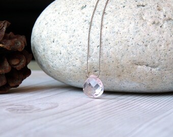 Rose Quartz Necklace. Minimalist necklace with silk and rose quartz heart briolette. Delicate choker with a faceted rose quartz briolette.