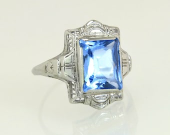 Antique Estate Art Deco 3.50ct Blue Topaz Filigree 14K White Gold Ring 2.4g