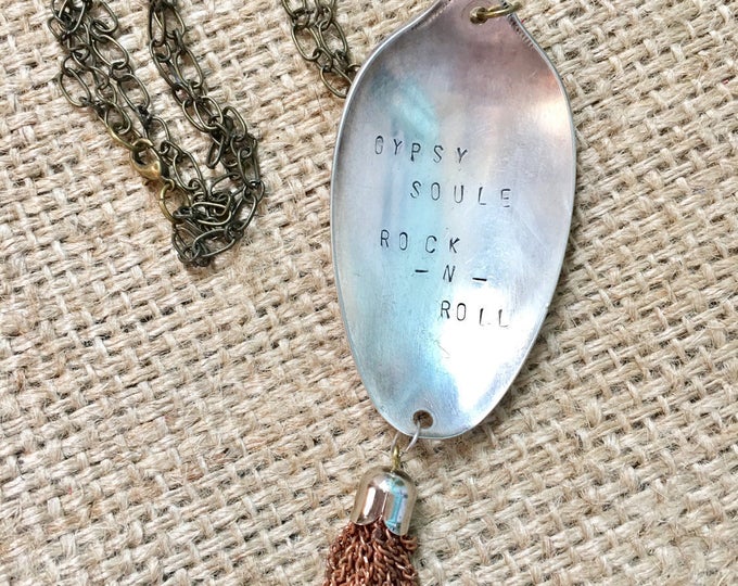 Rock N Roll Necklace, Spoon Necklace, Stamped Spoon, Tassel Necklace, Gypsy Quote Necklace, Stamped Necklace, Bohemian Necklace, Repurposed