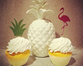 Pineapple & Flamingo Glitter Cupcake Toppers, Luau Cupcake Toppers, Hawaiian Theme, Birthday Cupcake Toppers- Set of 12