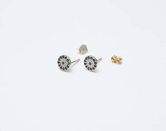 Gold evil eye studs - minimal evil eye earrings - delicate gold stud earrings - simple evil eye earrings - tiny cz studs - blue cz studs